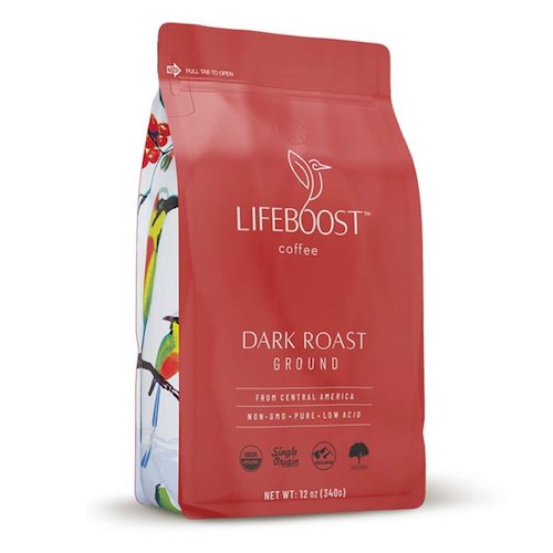 Lifeboost dark roast ground coffee bag