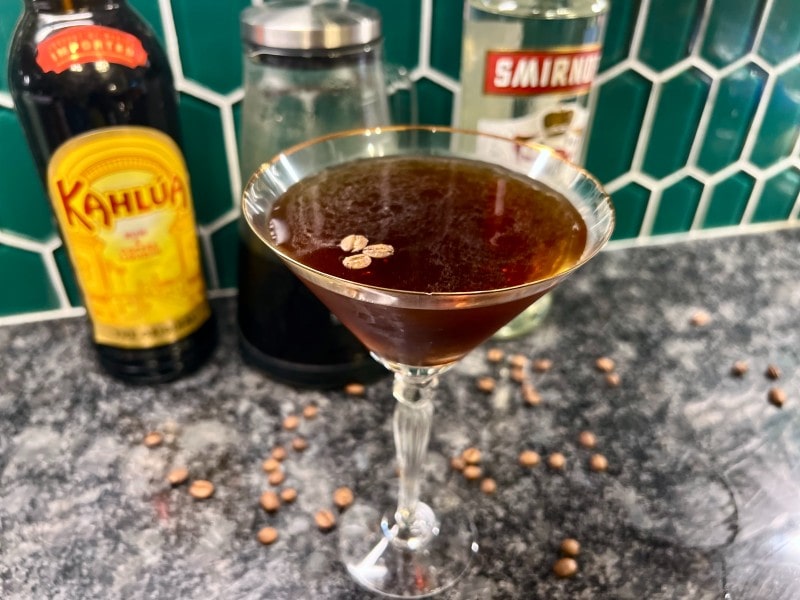 cold brew martini with kahlua and floating coffee beans