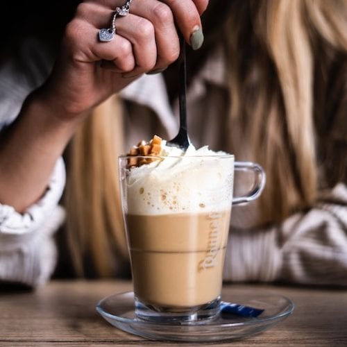 butterbeer latte with caramel and whipped cream