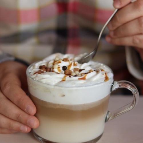 turtle latte with caramel, nuts, and chocolate
