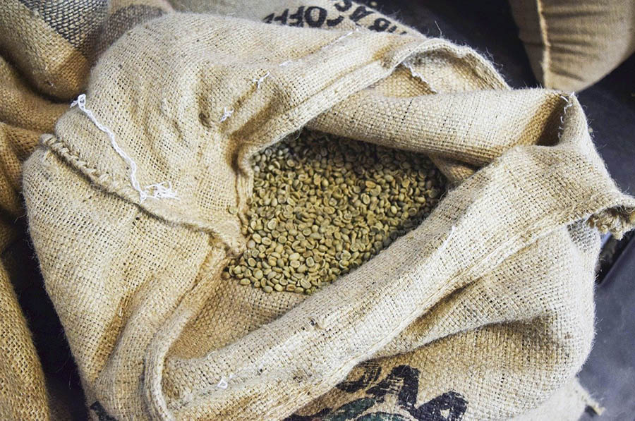 a sack of raw coffee beans