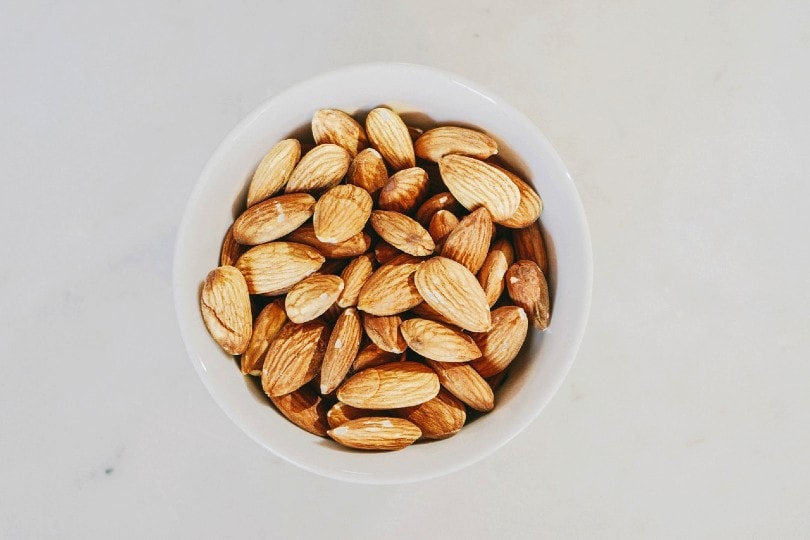 brown almond nuts in a white ceramic bowl