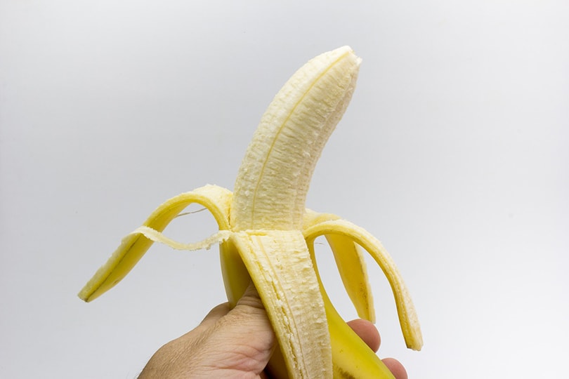 a hand holding a peeled banana