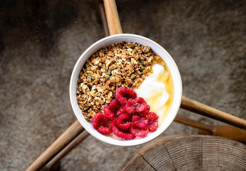 mocha coffee yogurt with raspberries and granola