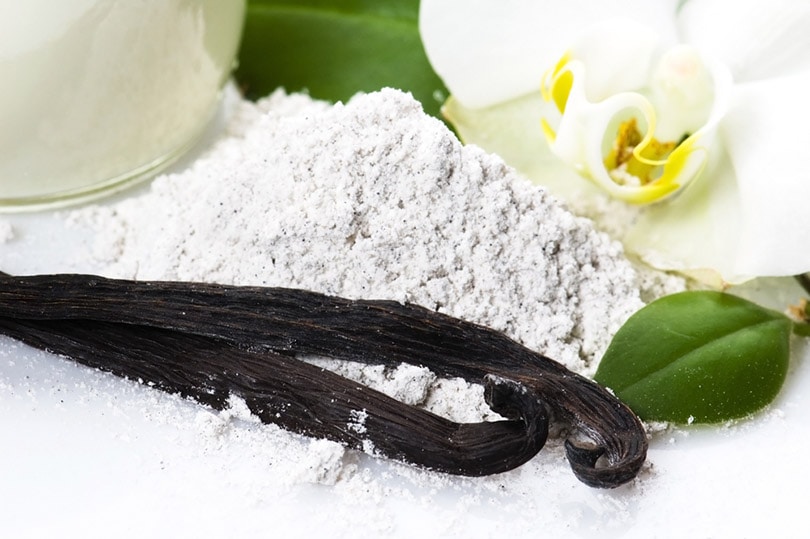 vanilla sugar with vanilla beans and flower