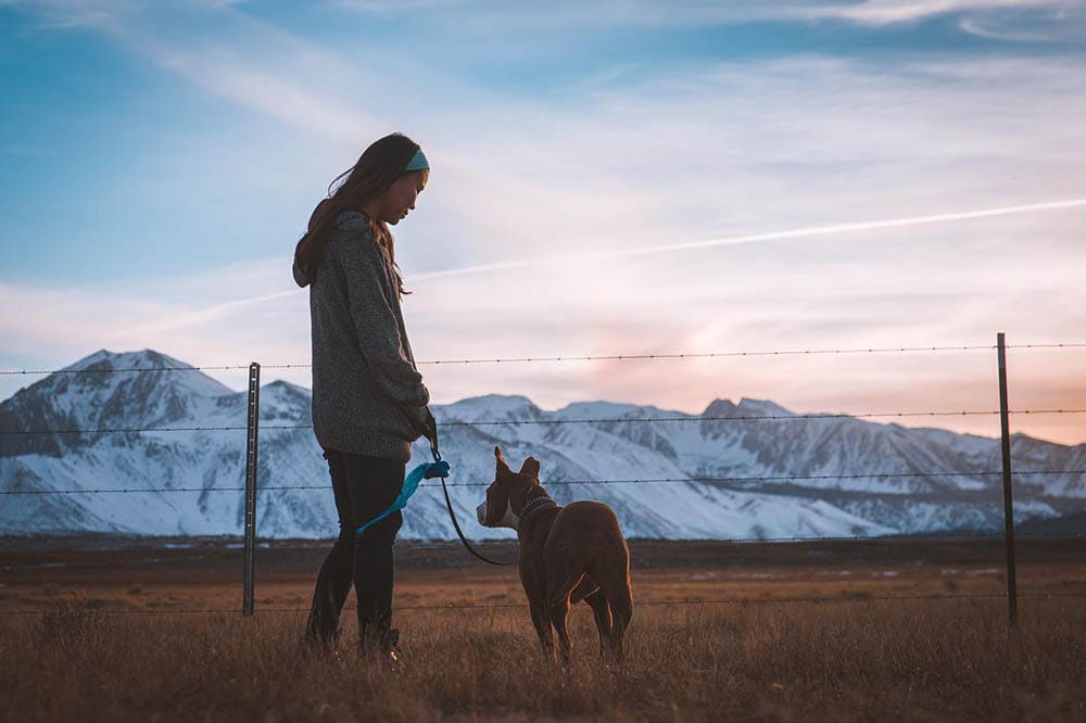 girl going for a walk with her dog