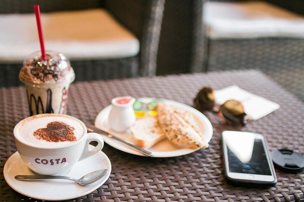 hot and cold costa coffee drinks on the table