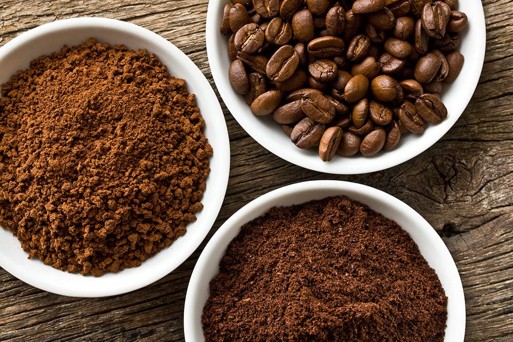 coffee beans, ground coffee, and instant coffee