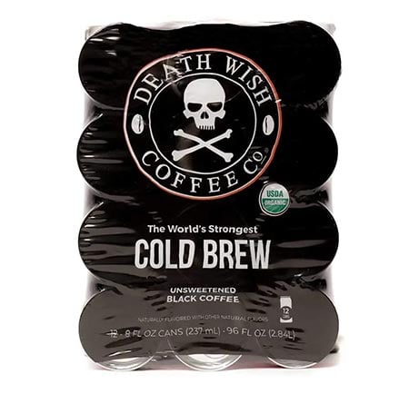 DEATH WISH COFFEE Canned Organic Iced Cold Brew, Unsweetened Black 8 fl oz 12 pack
