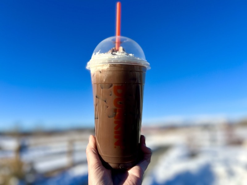large Dunkin iced signature latte with cocoa mocha and whipped cream_Kate