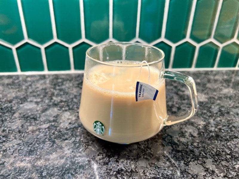 Starbucks Teavana London Fog Tea Latte in glass on kitchen counter