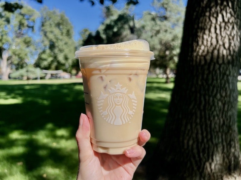 Starbucks iced pumpkin cream chai tea latte outside in park