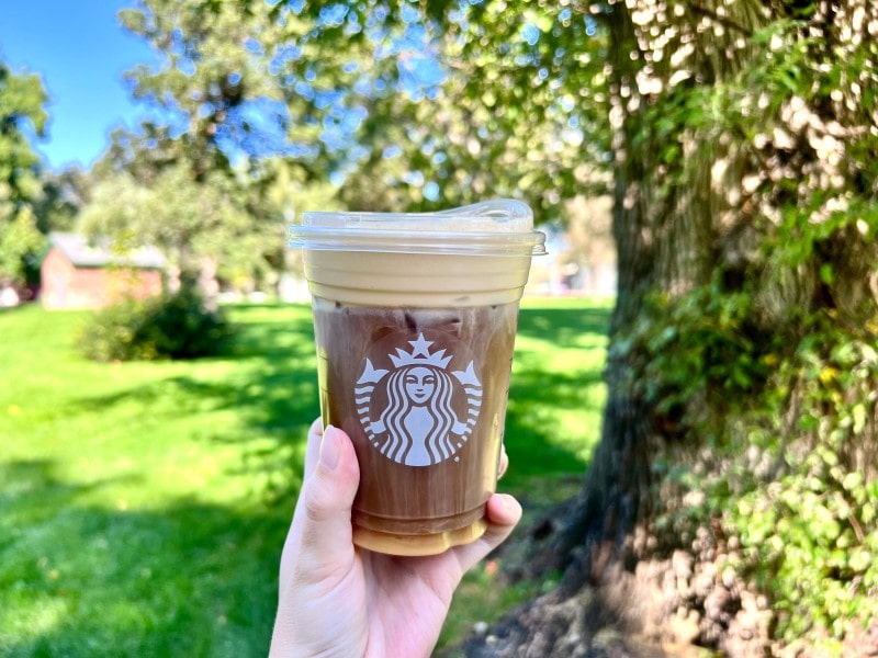 Starbucks pumpkin cream cold brew drink next to tree