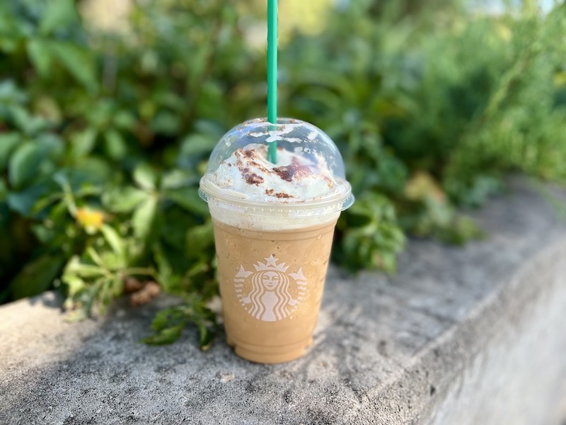 Starbucks pumpkin spice frappuccino in front of vines