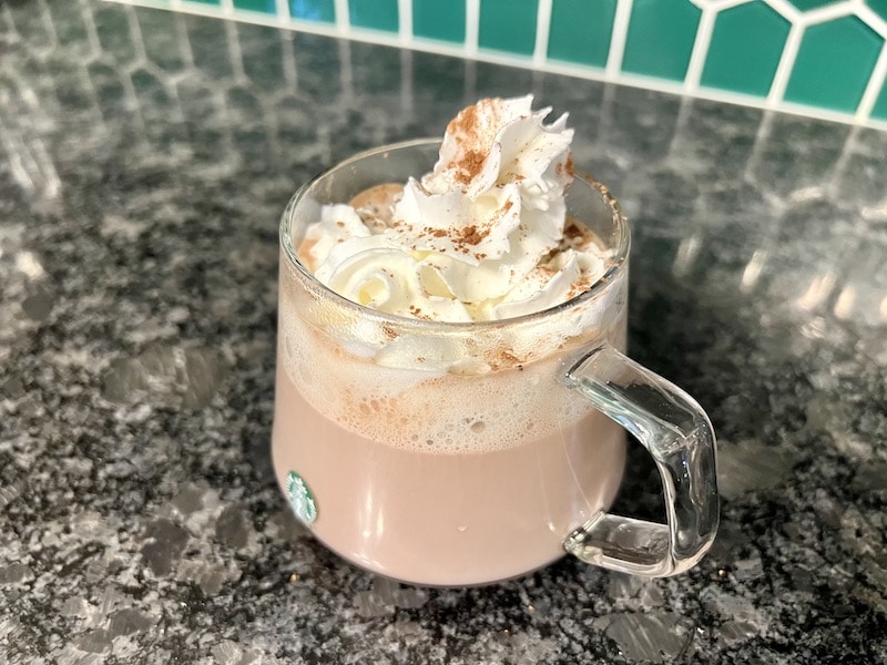 starbucks hot chocolate with whipped cream and cocoa powder in glass